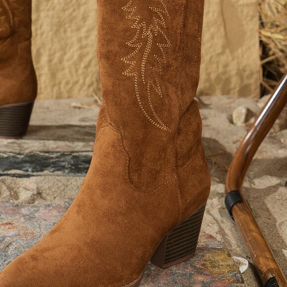⚡Women's Brown Embroidered Cowgirl Boots Knee High Pointed Toe Chunky Heel - Picture 7 of 7